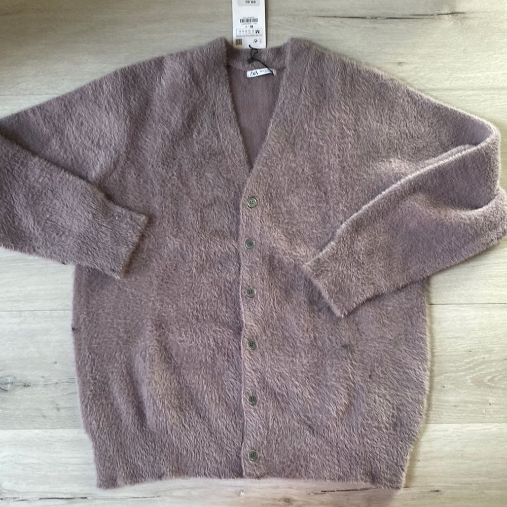 Zara V-Neck Faux Fur Button Down Cardigan M‎ Mauve Nwt